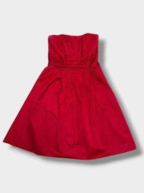 Strapless Red Cotton Satin Dress Size 6 Pleated Cocktail Party Davids Bridal